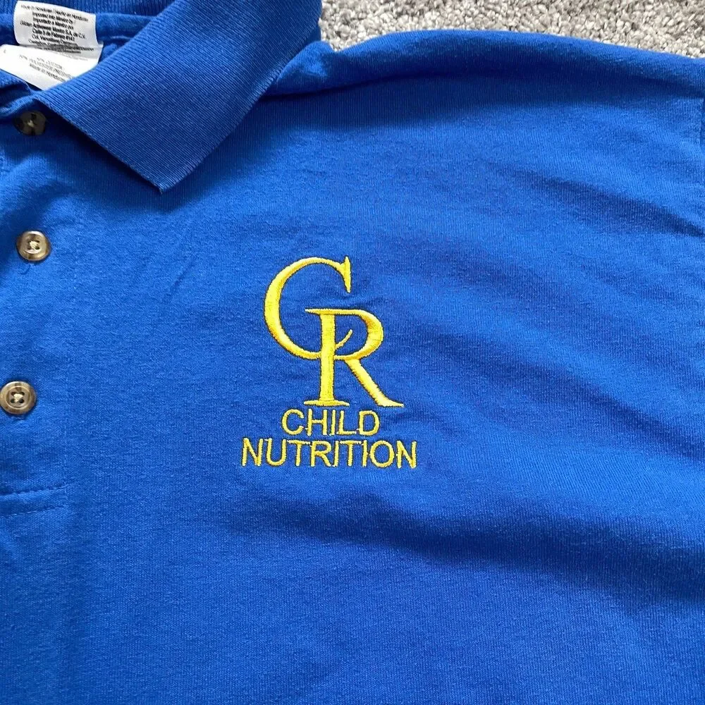 Gildan Dry Blend Polo Shirt Mens Large Blue Collared Child Nutriotion Logo Rugby